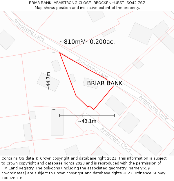 BRIAR BANK, ARMSTRONG CLOSE, BROCKENHURST, SO42 7SZ: Plot and title map