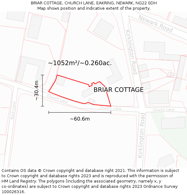 BRIAR COTTAGE, CHURCH LANE, EAKRING, NEWARK, NG22 0DH: Plot and title map