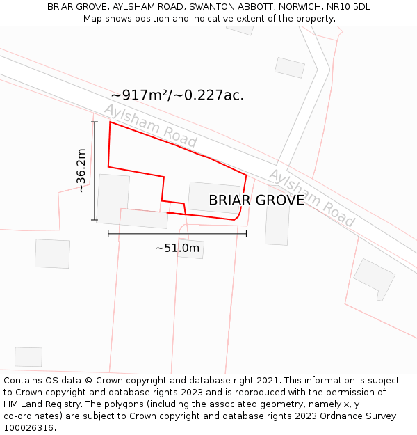 BRIAR GROVE, AYLSHAM ROAD, SWANTON ABBOTT, NORWICH, NR10 5DL: Plot and title map