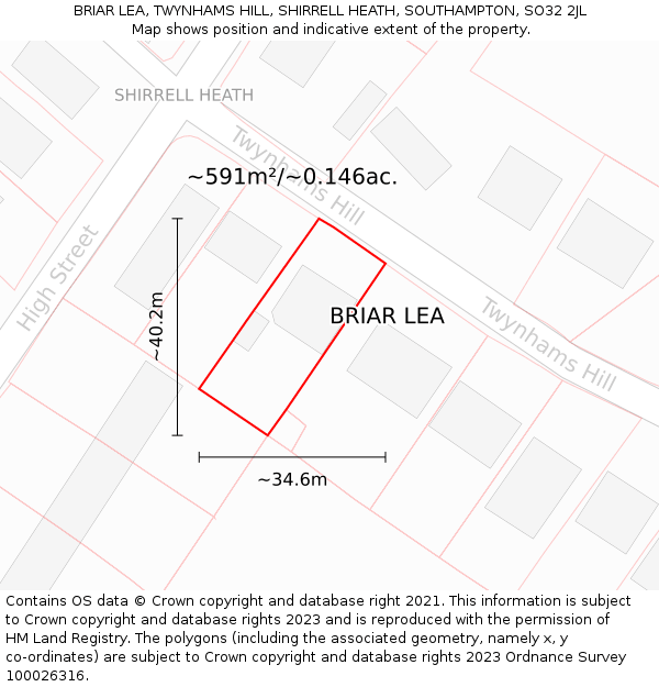 BRIAR LEA, TWYNHAMS HILL, SHIRRELL HEATH, SOUTHAMPTON, SO32 2JL: Plot and title map