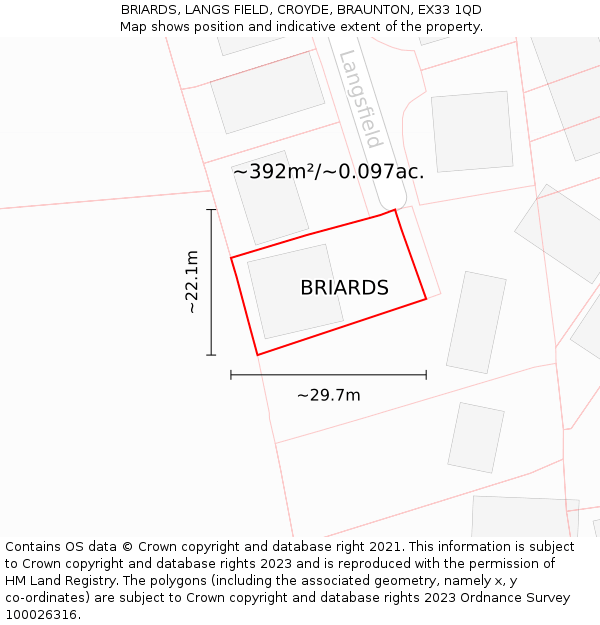 BRIARDS, LANGS FIELD, CROYDE, BRAUNTON, EX33 1QD: Plot and title map