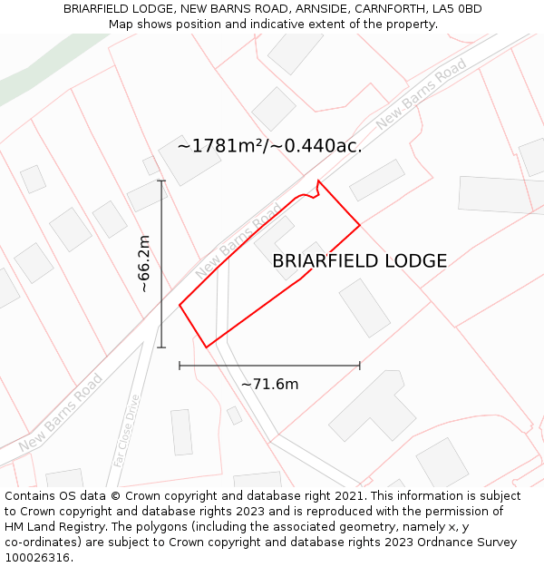 BRIARFIELD LODGE, NEW BARNS ROAD, ARNSIDE, CARNFORTH, LA5 0BD: Plot and title map