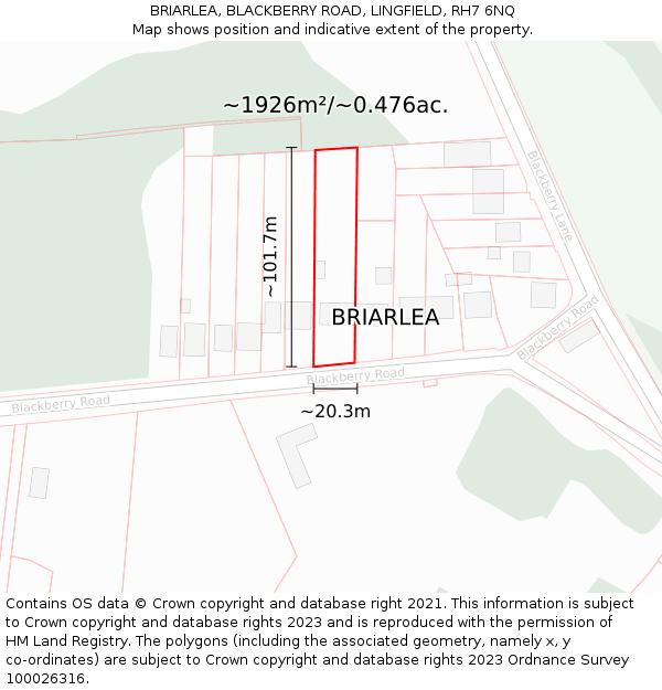 BRIARLEA, BLACKBERRY ROAD, LINGFIELD, RH7 6NQ: Plot and title map