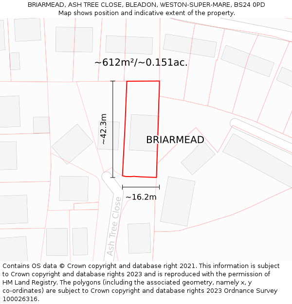 BRIARMEAD, ASH TREE CLOSE, BLEADON, WESTON-SUPER-MARE, BS24 0PD: Plot and title map