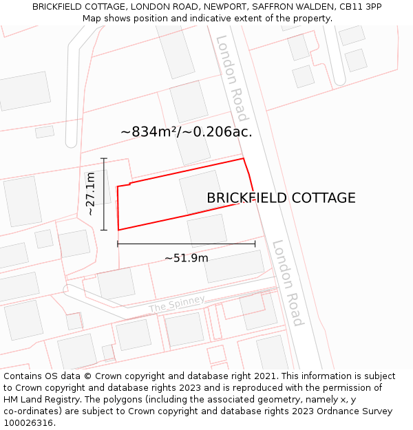 BRICKFIELD COTTAGE, LONDON ROAD, NEWPORT, SAFFRON WALDEN, CB11 3PP: Plot and title map