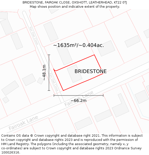 BRIDESTONE, FAIROAK CLOSE, OXSHOTT, LEATHERHEAD, KT22 0TJ: Plot and title map
