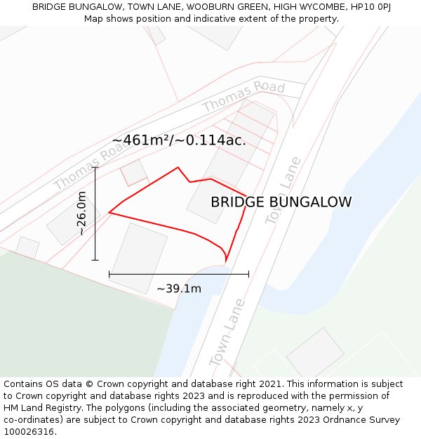 BRIDGE BUNGALOW, TOWN LANE, WOOBURN GREEN, HIGH WYCOMBE, HP10 0PJ: Plot and title map