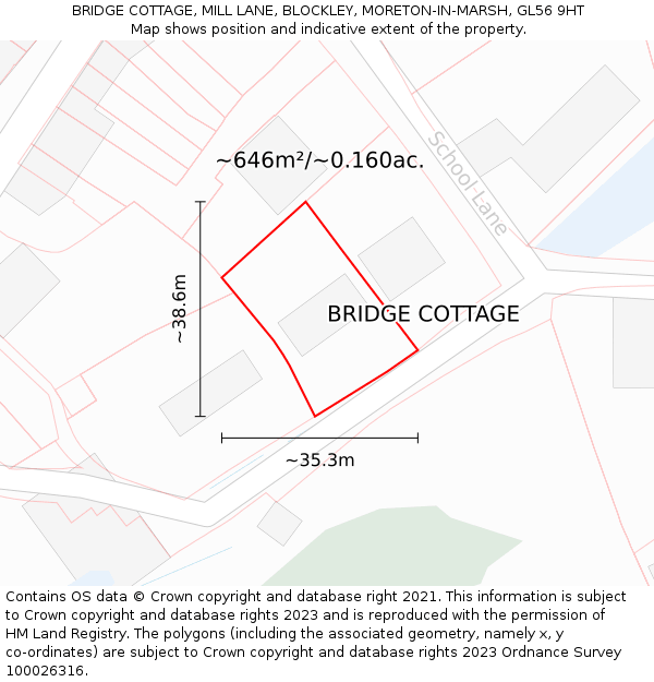 BRIDGE COTTAGE, MILL LANE, BLOCKLEY, MORETON-IN-MARSH, GL56 9HT: Plot and title map