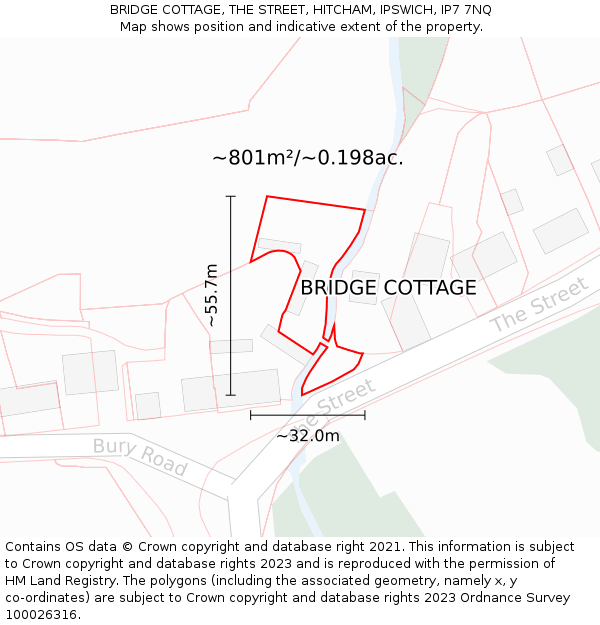 BRIDGE COTTAGE, THE STREET, HITCHAM, IPSWICH, IP7 7NQ: Plot and title map