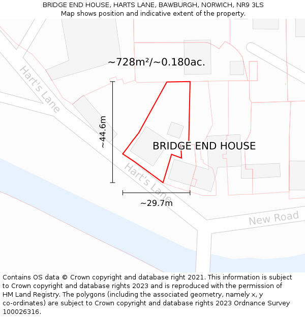 BRIDGE END HOUSE, HARTS LANE, BAWBURGH, NORWICH, NR9 3LS: Plot and title map