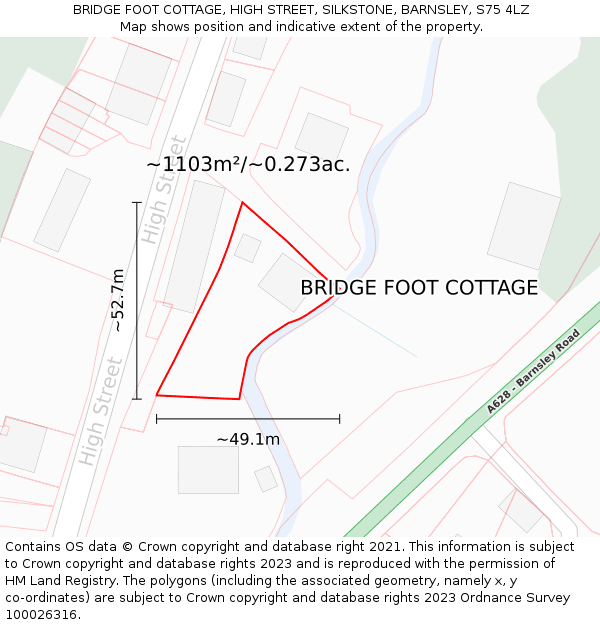 BRIDGE FOOT COTTAGE, HIGH STREET, SILKSTONE, BARNSLEY, S75 4LZ: Plot and title map