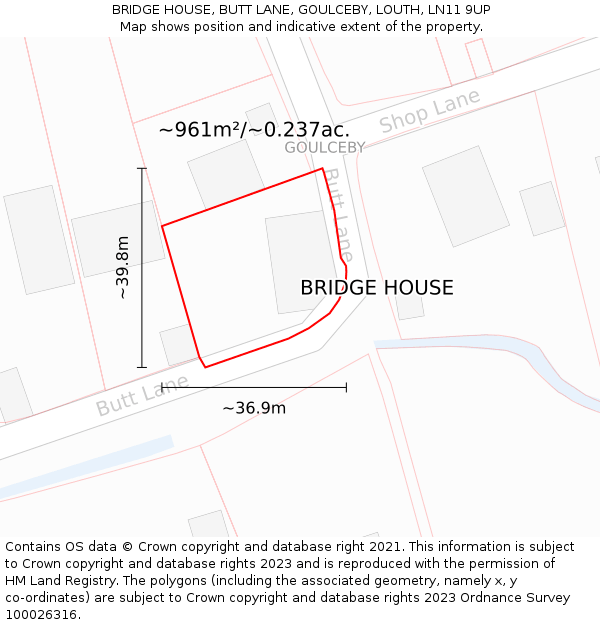 BRIDGE HOUSE, BUTT LANE, GOULCEBY, LOUTH, LN11 9UP: Plot and title map
