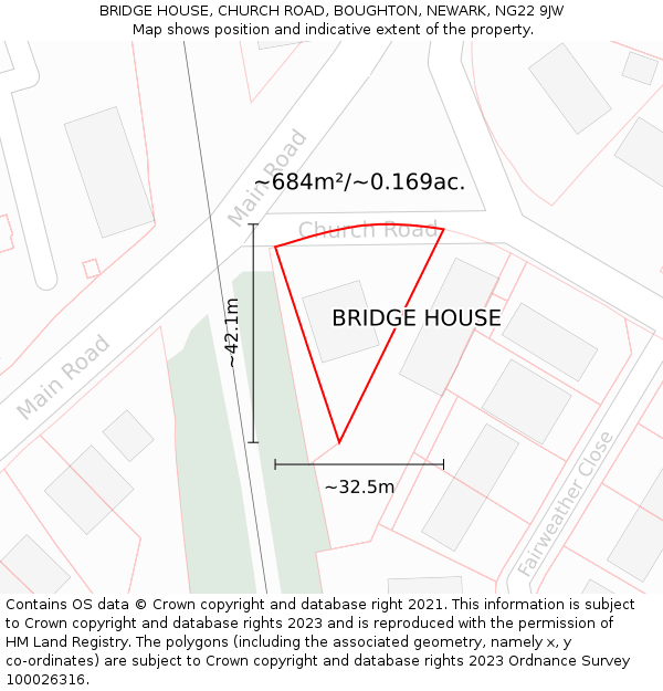 BRIDGE HOUSE, CHURCH ROAD, BOUGHTON, NEWARK, NG22 9JW: Plot and title map