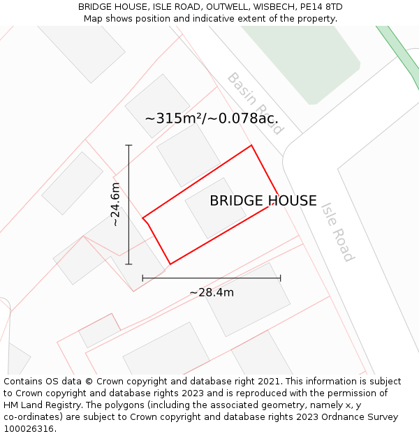BRIDGE HOUSE, ISLE ROAD, OUTWELL, WISBECH, PE14 8TD: Plot and title map