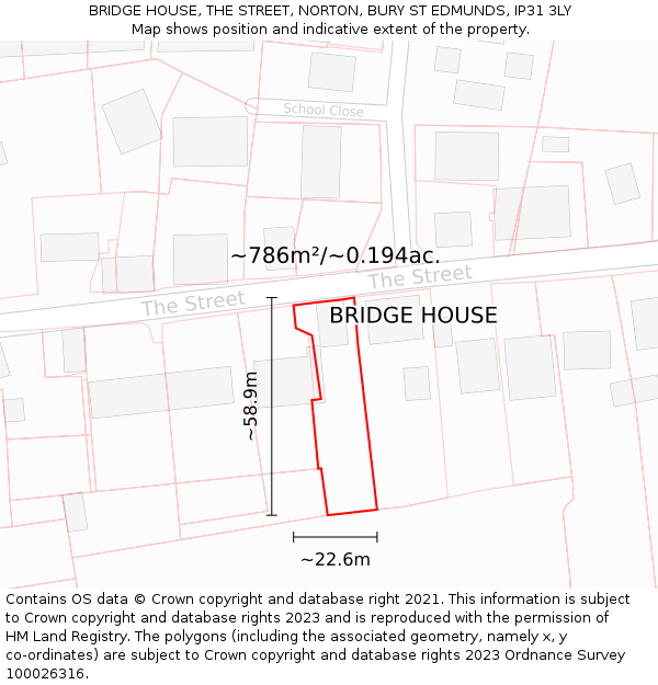BRIDGE HOUSE, THE STREET, NORTON, BURY ST EDMUNDS, IP31 3LY: Plot and title map