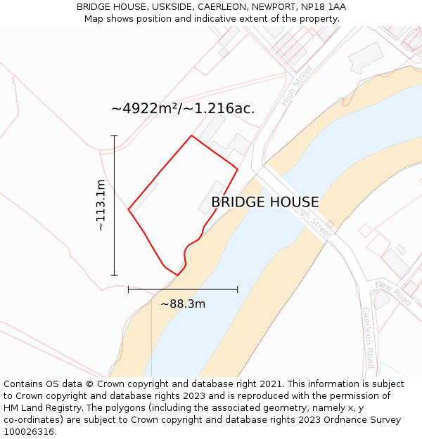 BRIDGE HOUSE, USKSIDE, CAERLEON, NEWPORT, NP18 1AA: Plot and title map