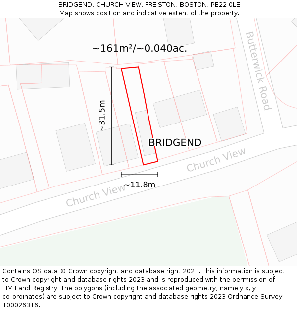 BRIDGEND, CHURCH VIEW, FREISTON, BOSTON, PE22 0LE: Plot and title map