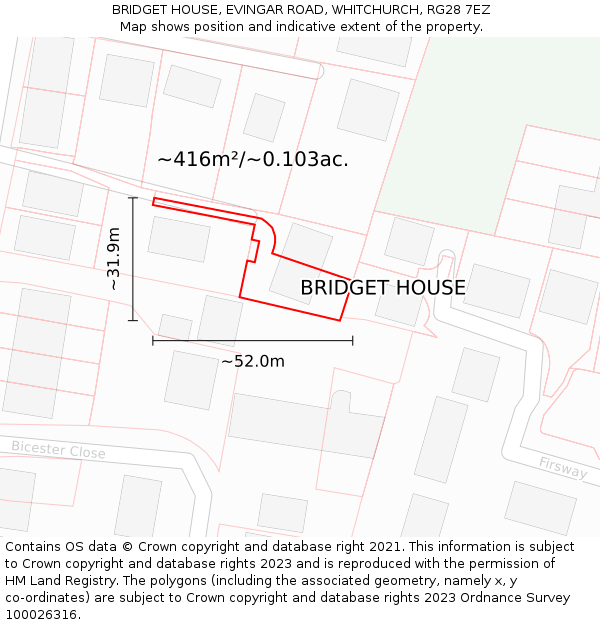 BRIDGET HOUSE, EVINGAR ROAD, WHITCHURCH, RG28 7EZ: Plot and title map