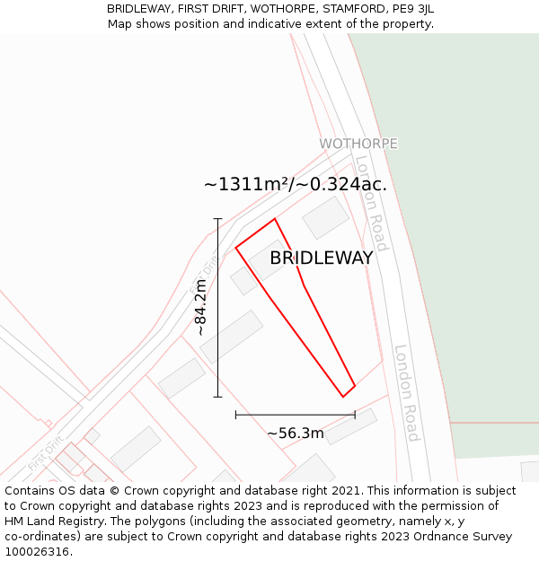 BRIDLEWAY, FIRST DRIFT, WOTHORPE, STAMFORD, PE9 3JL: Plot and title map
