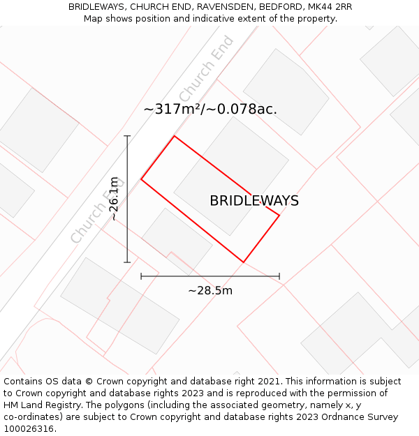 BRIDLEWAYS, CHURCH END, RAVENSDEN, BEDFORD, MK44 2RR: Plot and title map
