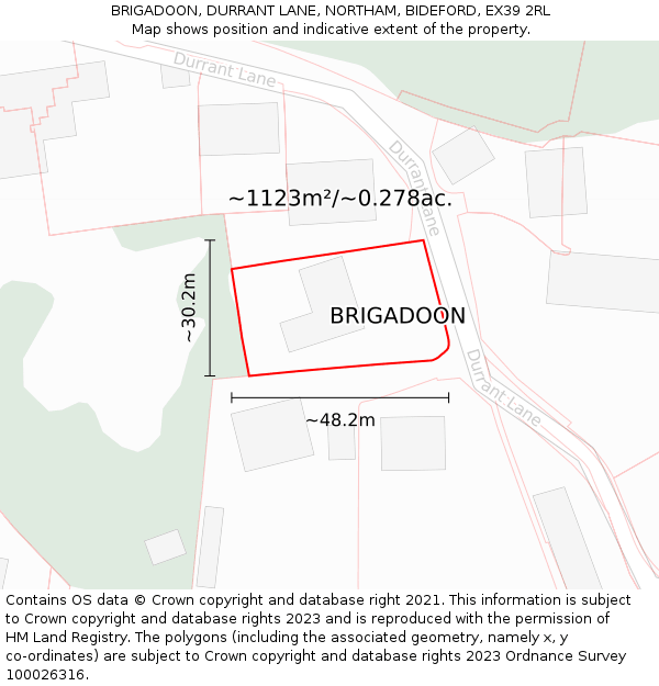 BRIGADOON, DURRANT LANE, NORTHAM, BIDEFORD, EX39 2RL: Plot and title map