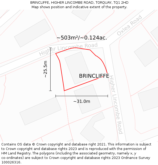 BRINCLIFFE, HIGHER LINCOMBE ROAD, TORQUAY, TQ1 2HD: Plot and title map