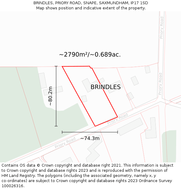 BRINDLES, PRIORY ROAD, SNAPE, SAXMUNDHAM, IP17 1SD: Plot and title map