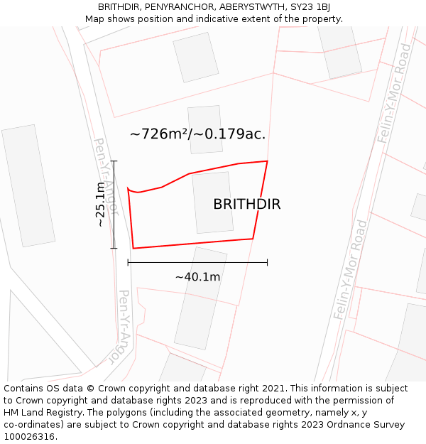 BRITHDIR, PENYRANCHOR, ABERYSTWYTH, SY23 1BJ: Plot and title map