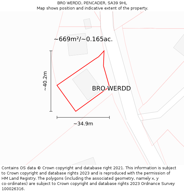 BRO WERDD, PENCADER, SA39 9HL: Plot and title map