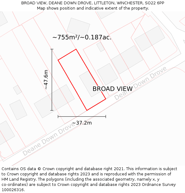 BROAD VIEW, DEANE DOWN DROVE, LITTLETON, WINCHESTER, SO22 6PP: Plot and title map