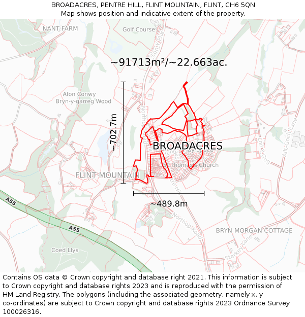 BROADACRES, PENTRE HILL, FLINT MOUNTAIN, FLINT, CH6 5QN: Plot and title map
