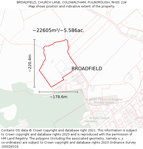 BROADFIELD, CHURCH LANE, COLDWALTHAM, PULBOROUGH, RH20 1LW: Plot and title map