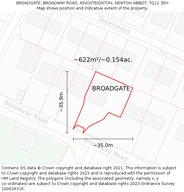 BROADGATE, BROADWAY ROAD, KINGSTEIGNTON, NEWTON ABBOT, TQ12 3EH: Plot and title map