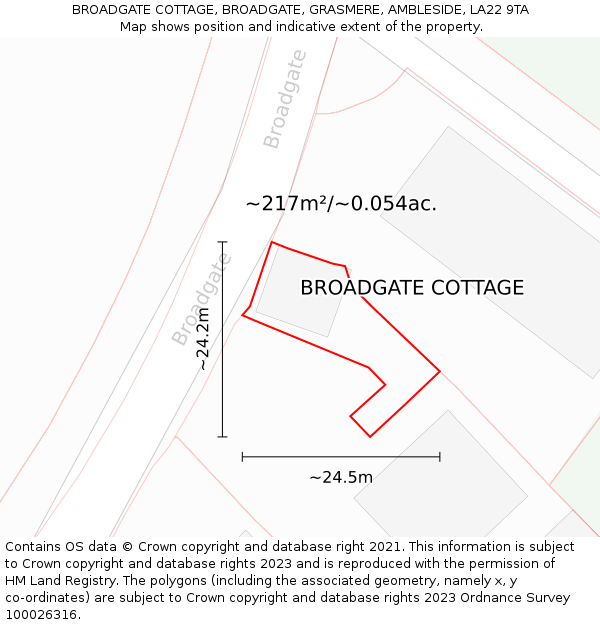 BROADGATE COTTAGE, BROADGATE, GRASMERE, AMBLESIDE, LA22 9TA: Plot and title map