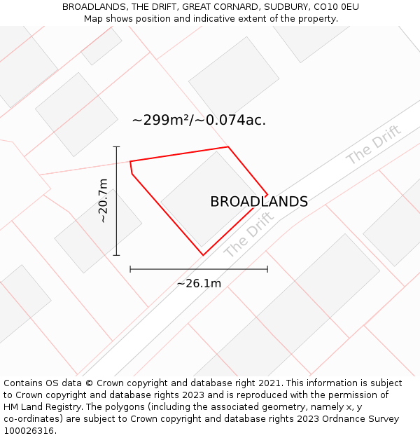 BROADLANDS, THE DRIFT, GREAT CORNARD, SUDBURY, CO10 0EU: Plot and title map