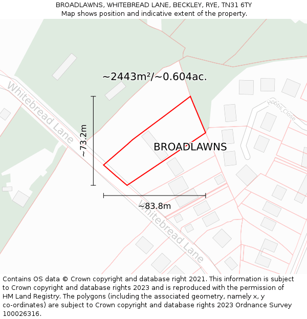 BROADLAWNS, WHITEBREAD LANE, BECKLEY, RYE, TN31 6TY: Plot and title map