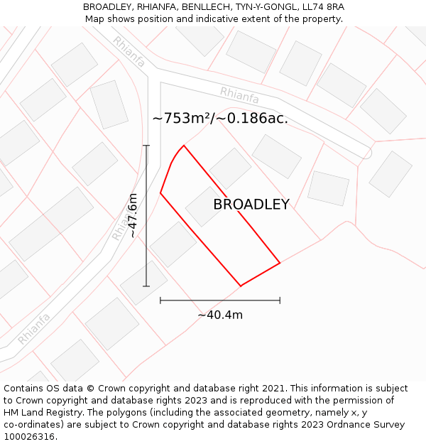 BROADLEY, RHIANFA, BENLLECH, TYN-Y-GONGL, LL74 8RA: Plot and title map