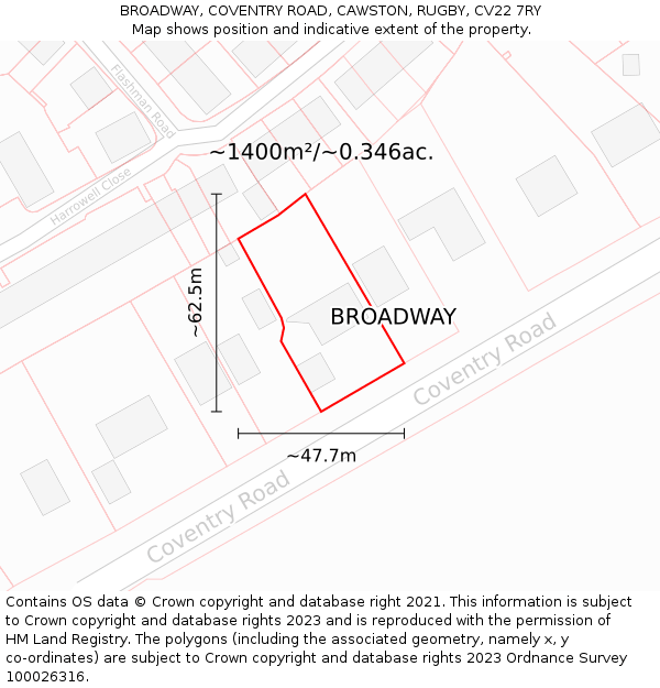 BROADWAY, COVENTRY ROAD, CAWSTON, RUGBY, CV22 7RY: Plot and title map