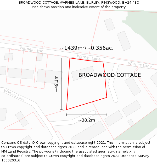 BROADWOOD COTTAGE, WARNES LANE, BURLEY, RINGWOOD, BH24 4EQ: Plot and title map