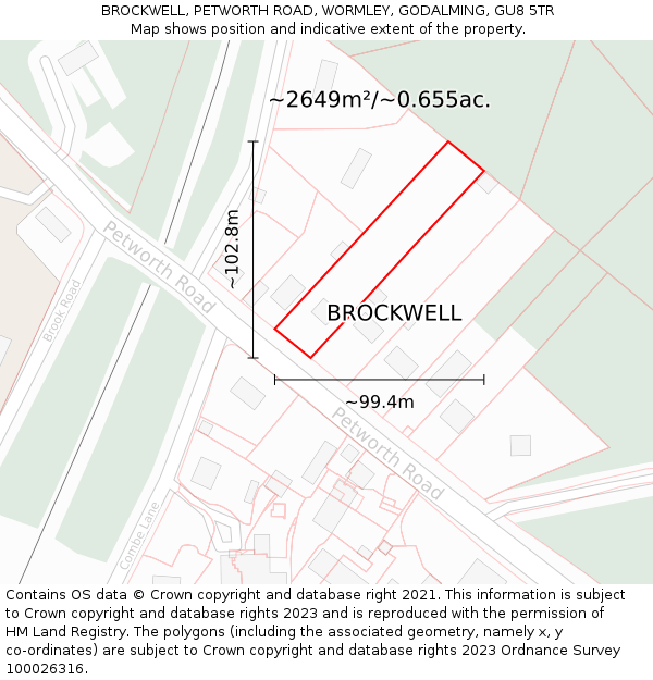 BROCKWELL, PETWORTH ROAD, WORMLEY, GODALMING, GU8 5TR: Plot and title map