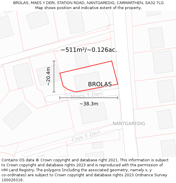 BROLAS, MAES Y DERI, STATION ROAD, NANTGAREDIG, CARMARTHEN, SA32 7LG: Plot and title map