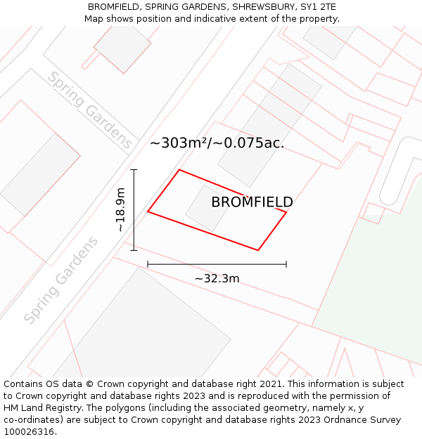 BROMFIELD, SPRING GARDENS, SHREWSBURY, SY1 2TE: Plot and title map