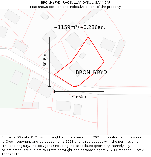BRONHYRYD, RHOS, LLANDYSUL, SA44 5AF: Plot and title map