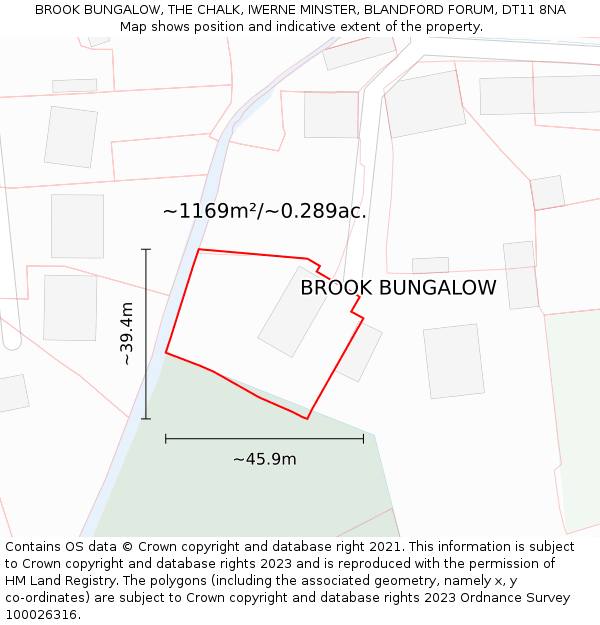 BROOK BUNGALOW, THE CHALK, IWERNE MINSTER, BLANDFORD FORUM, DT11 8NA: Plot and title map