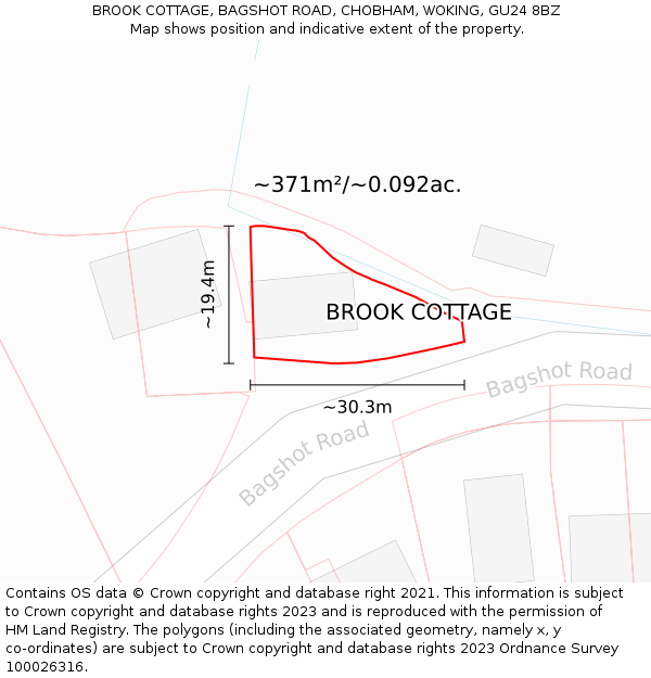 BROOK COTTAGE, BAGSHOT ROAD, CHOBHAM, WOKING, GU24 8BZ: Plot and title map
