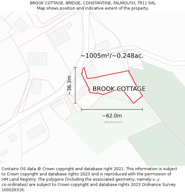 BROOK COTTAGE, BRIDGE, CONSTANTINE, FALMOUTH, TR11 5AL: Plot and title map