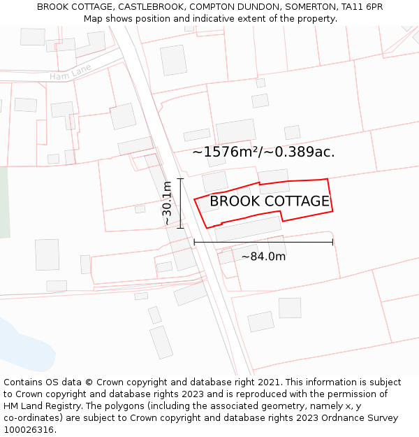 BROOK COTTAGE, CASTLEBROOK, COMPTON DUNDON, SOMERTON, TA11 6PR: Plot and title map