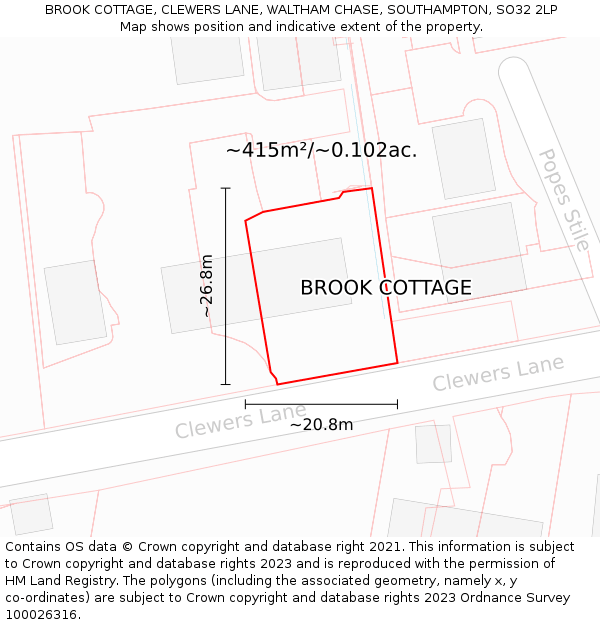 BROOK COTTAGE, CLEWERS LANE, WALTHAM CHASE, SOUTHAMPTON, SO32 2LP: Plot and title map