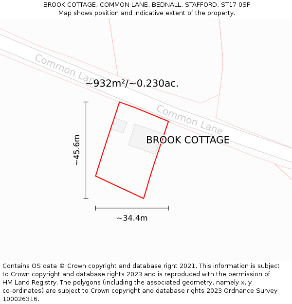 BROOK COTTAGE, COMMON LANE, BEDNALL, STAFFORD, ST17 0SF: Plot and title map