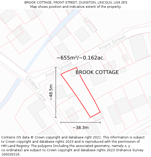 BROOK COTTAGE, FRONT STREET, DUNSTON, LINCOLN, LN4 2ES: Plot and title map